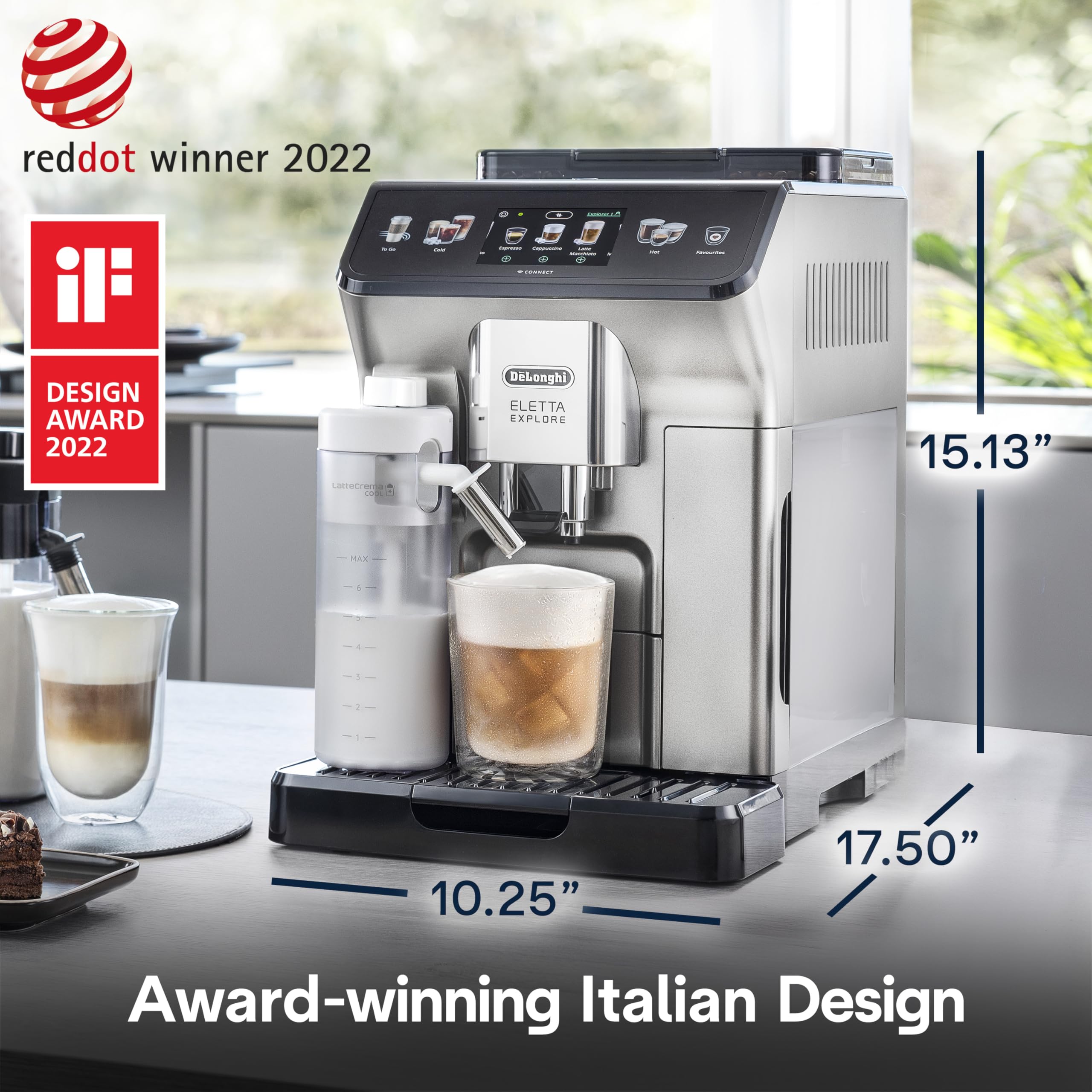 De'Longhi Eletta Explore Espresso Machine with Cold Brew, Hot & Cold Milk Frother - 50+ Recipes, Built in Grinder, User Profiles, Smartphone Compatible with Bean Adapt Technology for Ideal Extraction