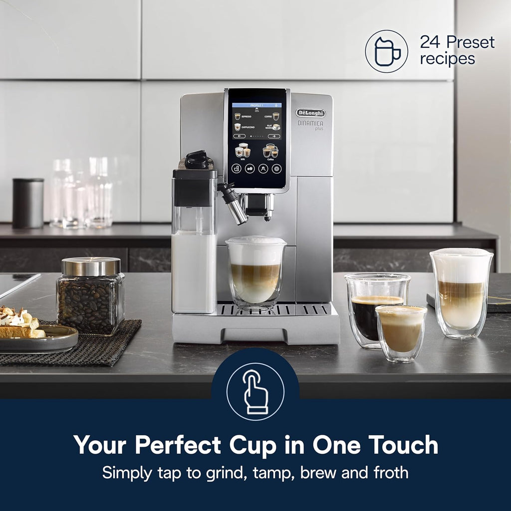 De'Longhi Dinamica Plus Fully Automatic Espresso Machine - Brew Personalized Coffee for up to 4 User Profiles, 24+ Recipes, Built in Grinder & Automatic Milk Steam Wand with 3 Frother Modes