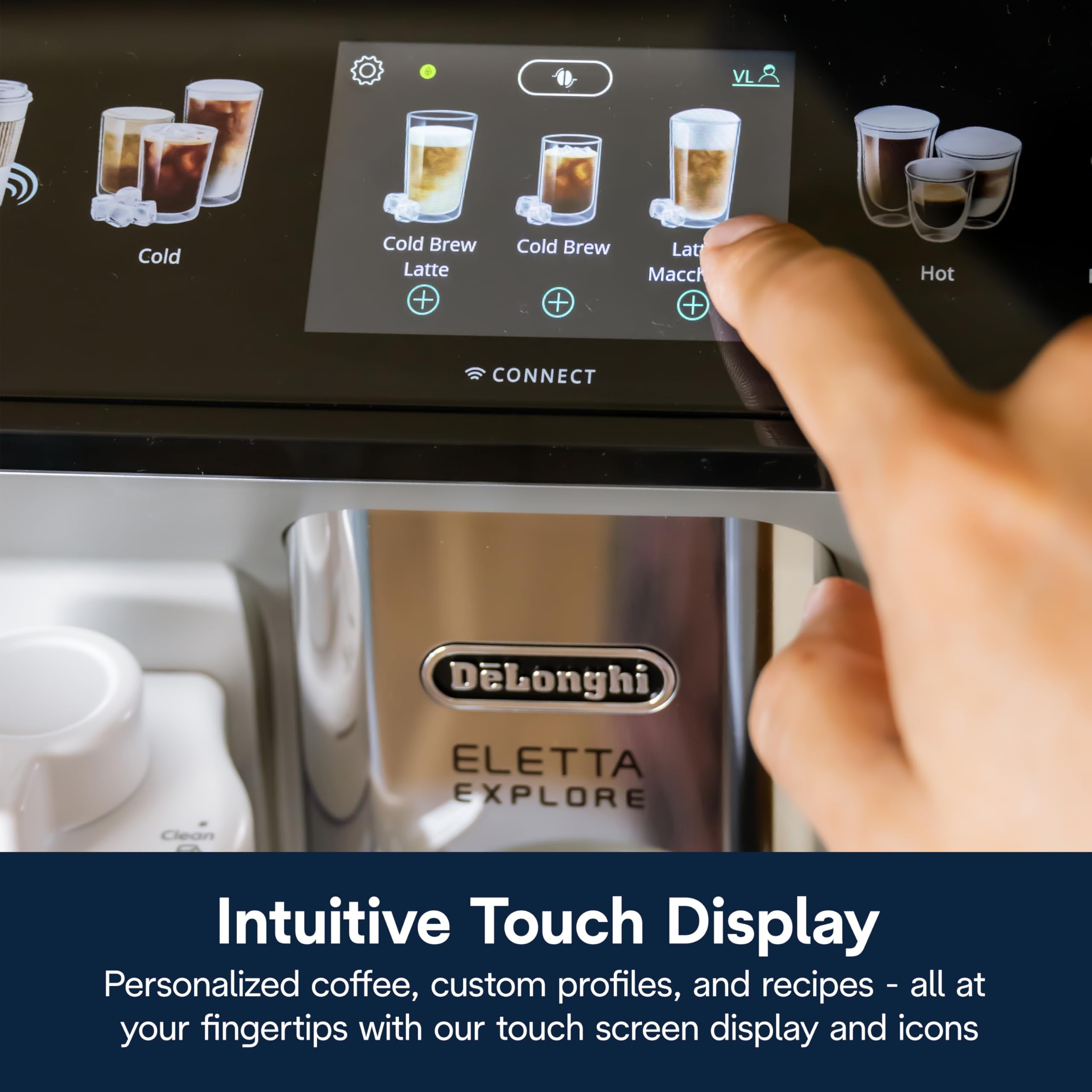 De'Longhi Eletta Explore Espresso Machine with Cold Brew, Hot & Cold Milk Frother - 50+ Recipes, Built in Grinder, User Profiles, Smartphone Compatible with Bean Adapt Technology for Ideal Extraction