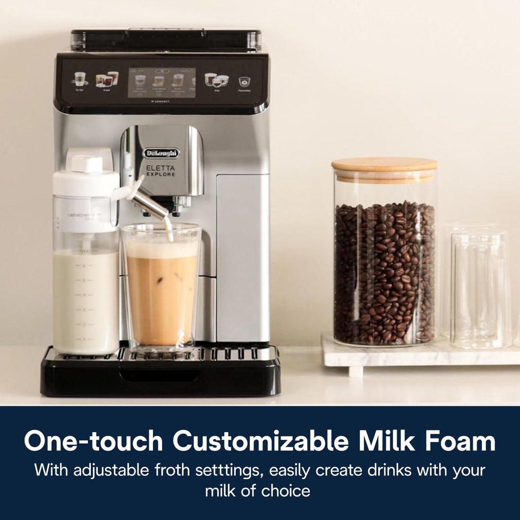 De'Longhi Eletta Explore Espresso Machine with Cold Brew, Hot & Cold Milk Frother - 50+ Recipes, Built in Grinder, User Profiles, Smartphone Compatible with Bean Adapt Technology for Ideal Extraction