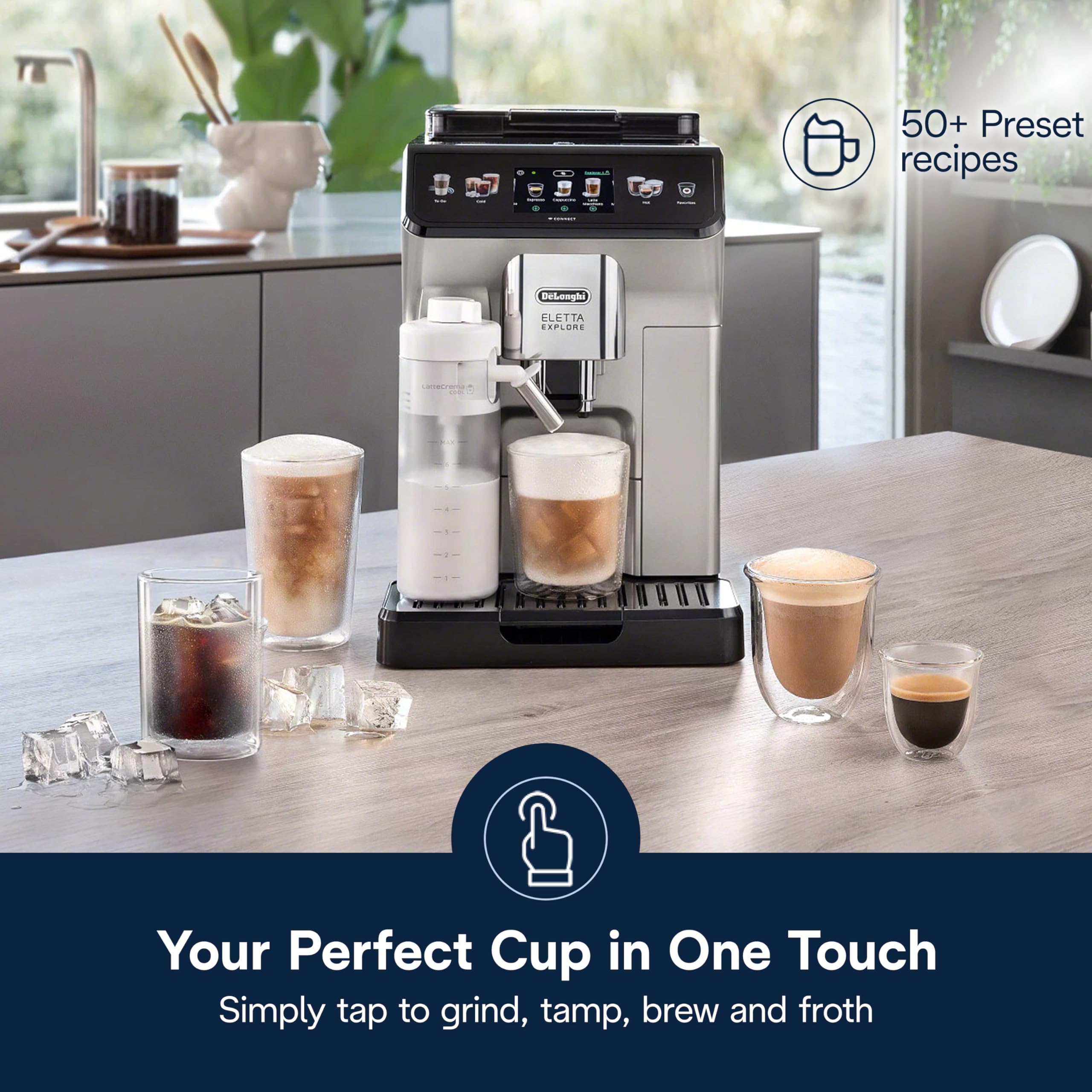 De'Longhi Eletta Explore Espresso Machine with Cold Brew, Hot & Cold Milk Frother - 50+ Recipes, Built in Grinder, User Profiles, Smartphone Compatible with Bean Adapt Technology for Ideal Extraction